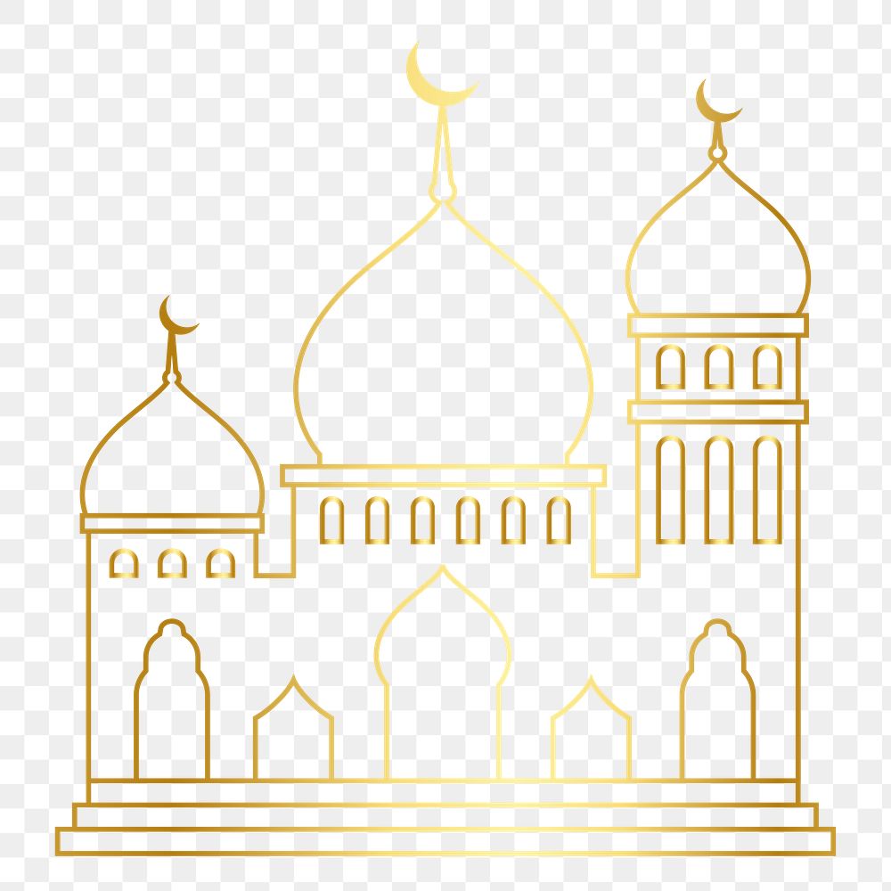 Png mosque sticker line art, golden color design, transparent background