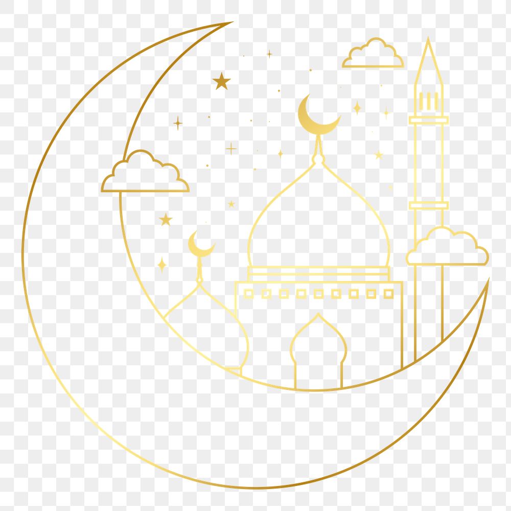 Golden Islamic mosque png sticker, flat line art design, transparent background