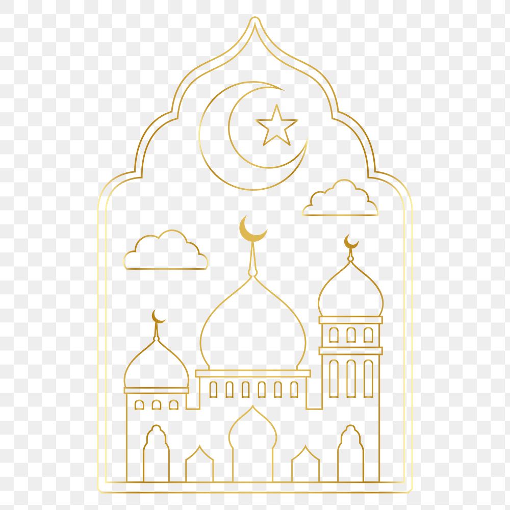 Png Ramadan sticker line art, luxurious color mosque design, transparent background  