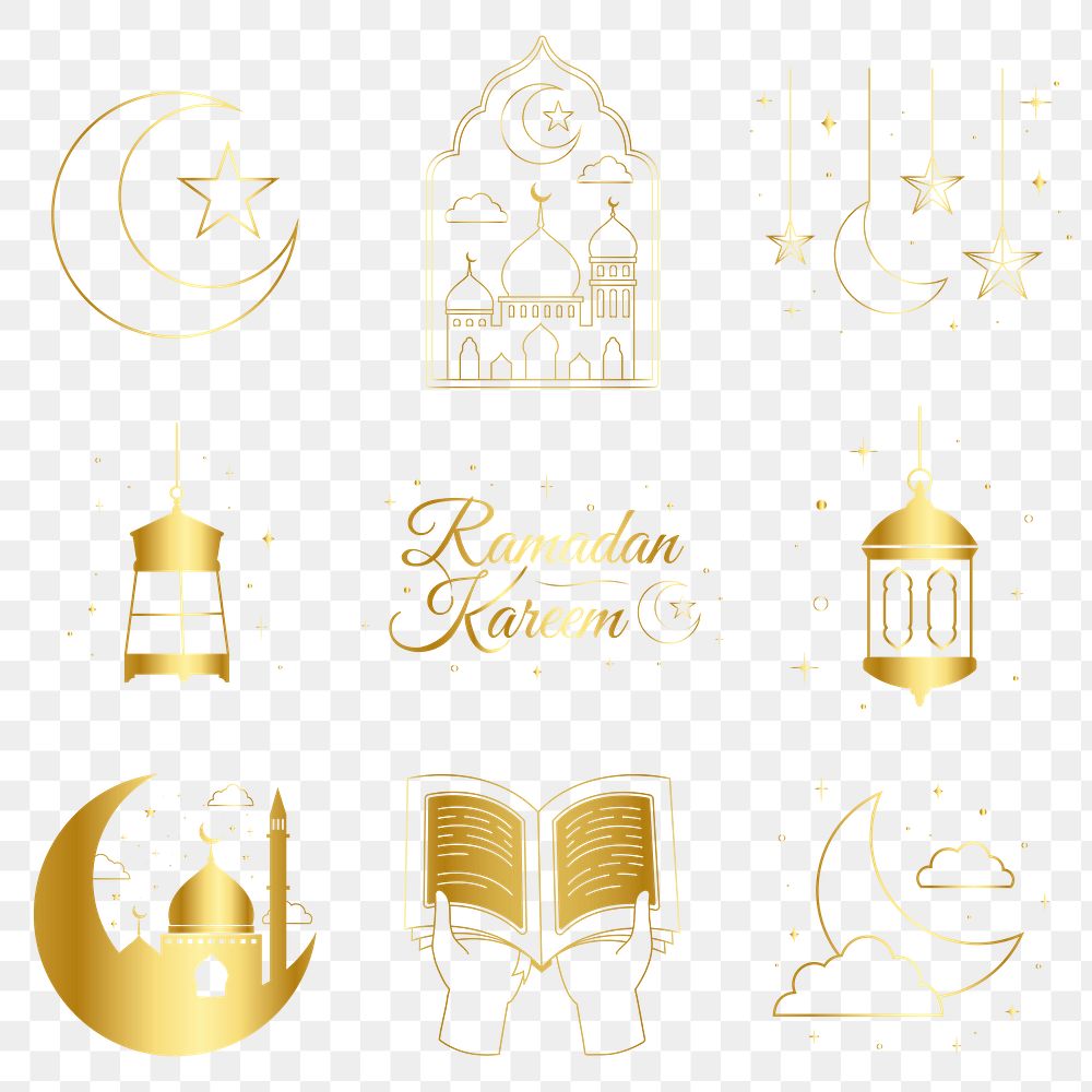 Png Ramadan sticker line art, luxurious color Islamic design, transparent background set