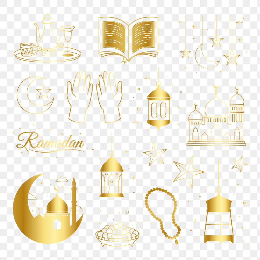 Png Ramadan sticker line art, golden color Islam design, transparent background set