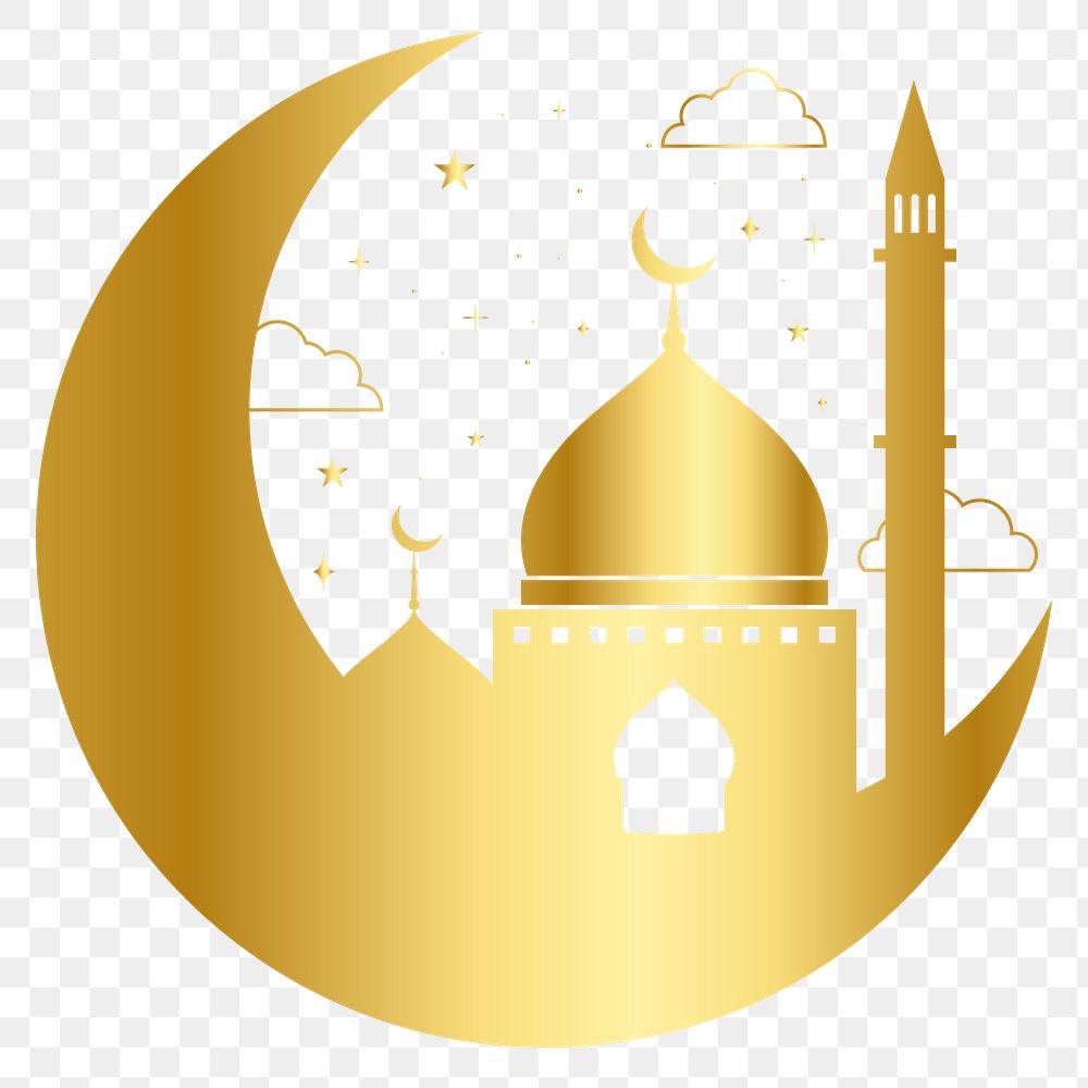 Png Ramadan sticker, golden color mosque design, transparent background