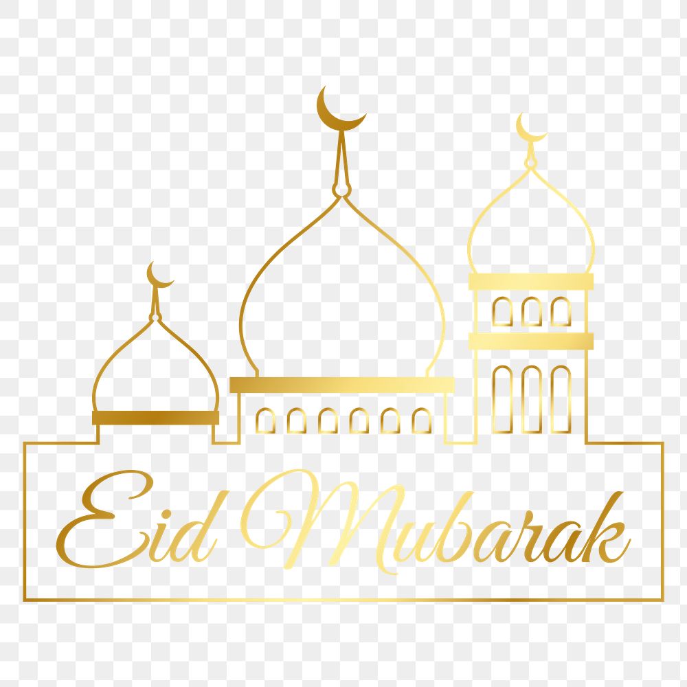 Png Eid Mubarak sticker line art, golden color mosque design, transparent background  