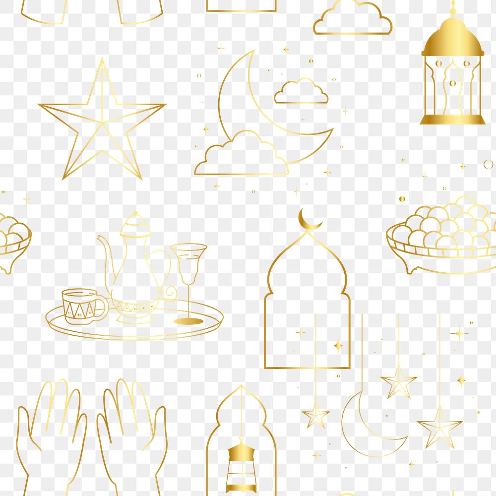 Ramadan png pattern, golden color line art design, transparent background  