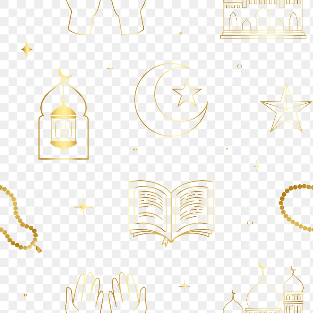 Ramadan png pattern, golden color line art design, transparent background  