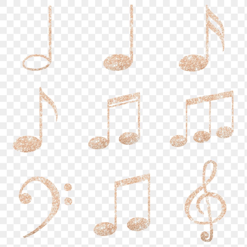 Musical notes png, clef sticker, beige glittery set on transparent background