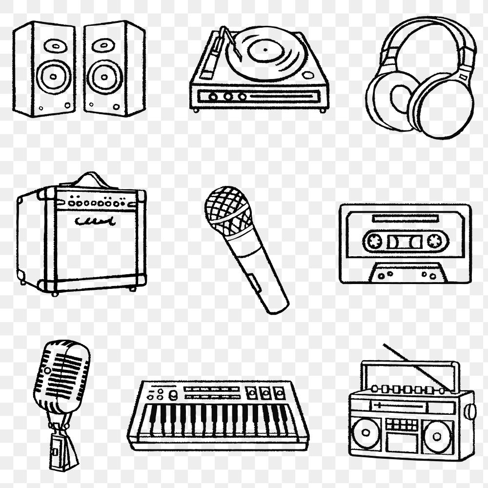 Musical equipment png stickers, electronics doodle set on transparent background