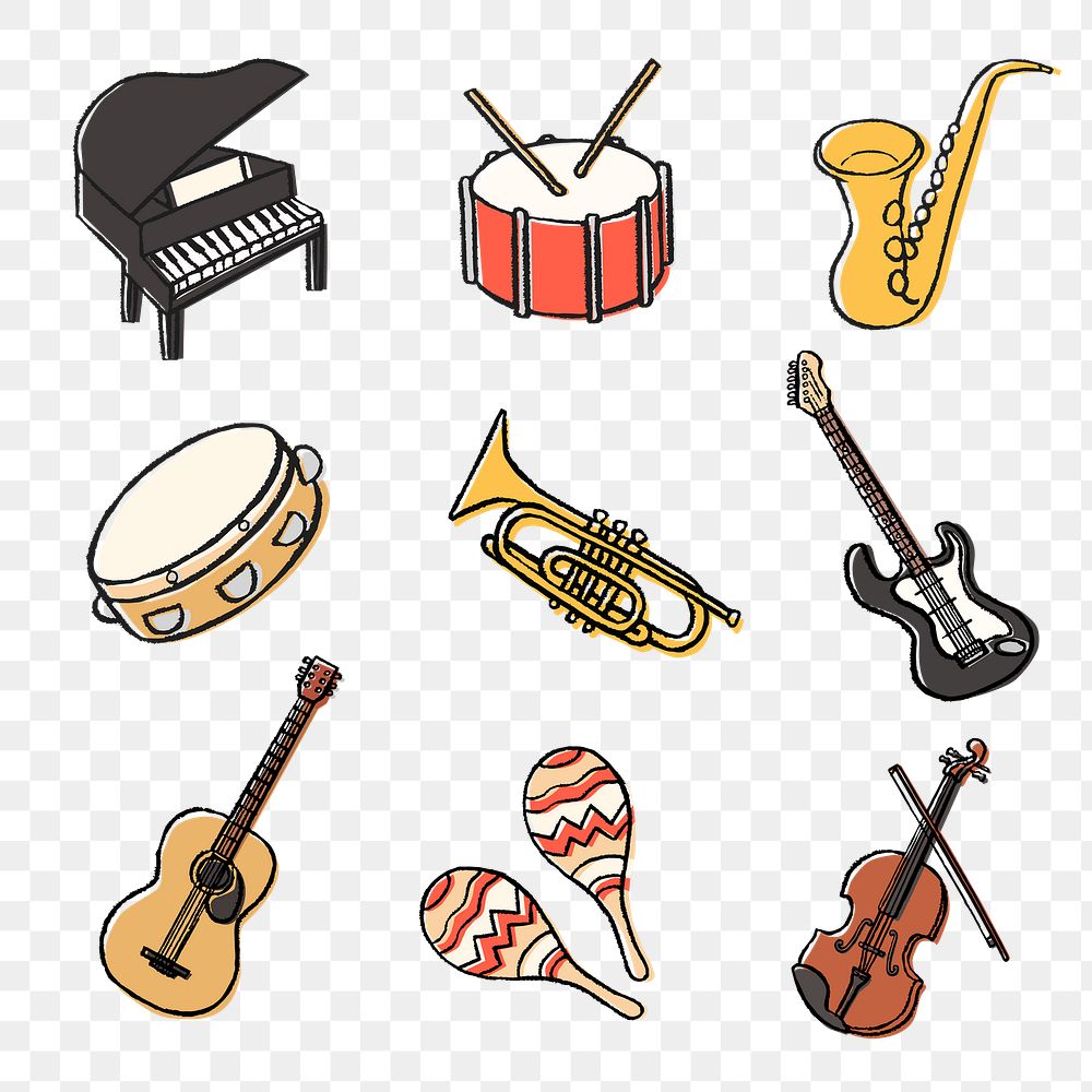 Musical instruments png sticker, cute doodle set on transparent background