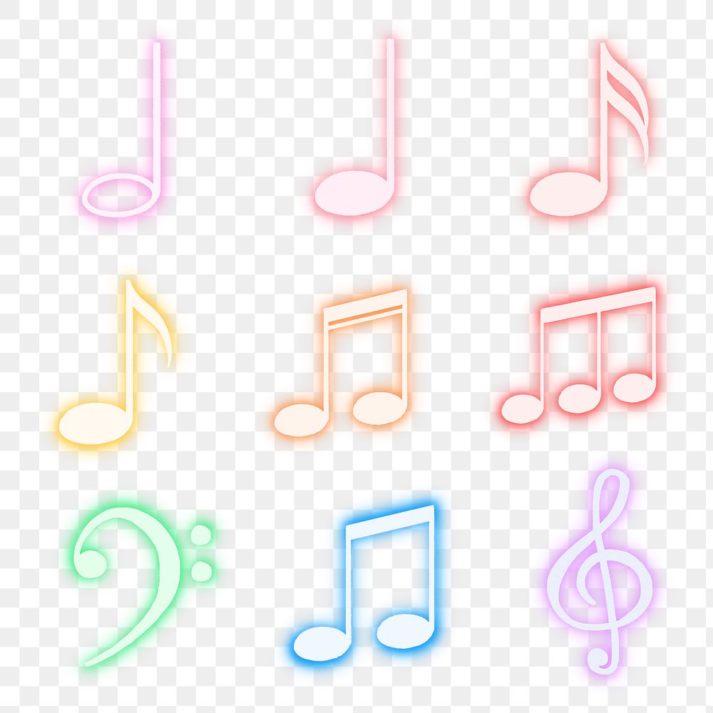 Musical notes png, clef sticker, colorful neon set on transparent background