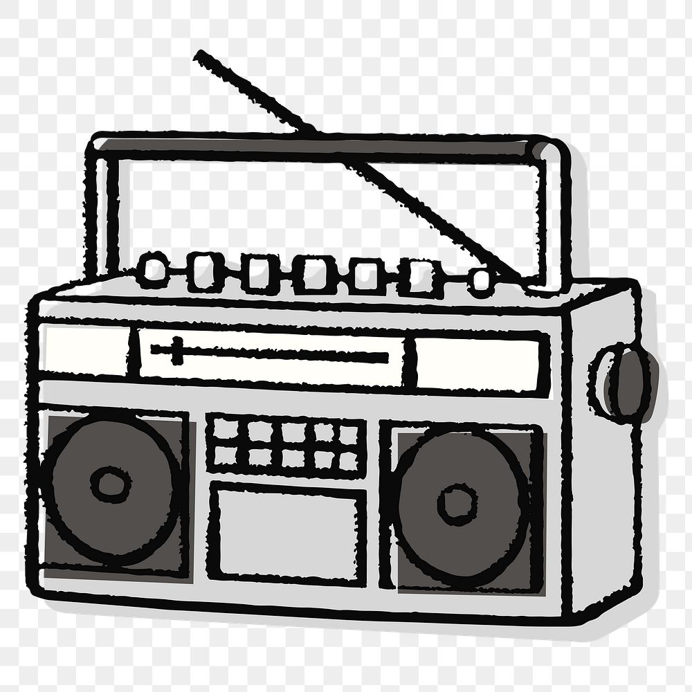 Boombox doodle png sticker, retro music player on transparent background