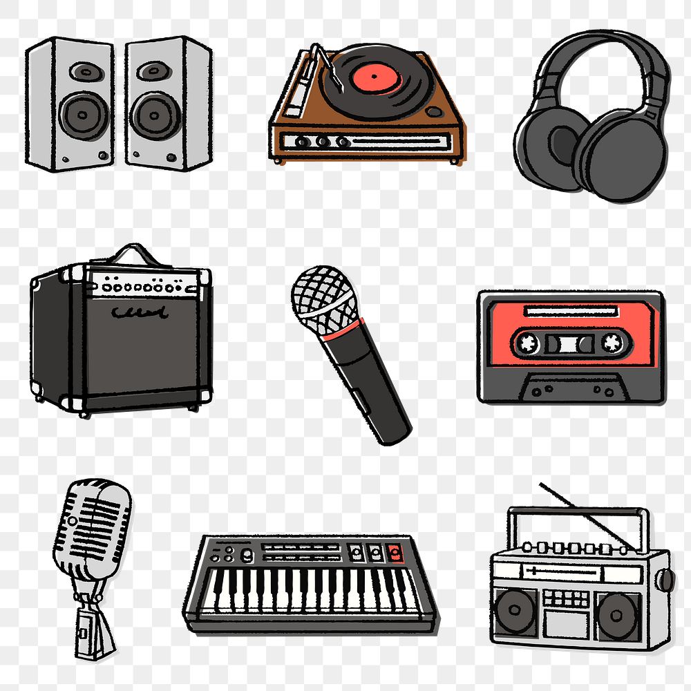 Musical equipment png stickers, electronics doodle set on transparent background
