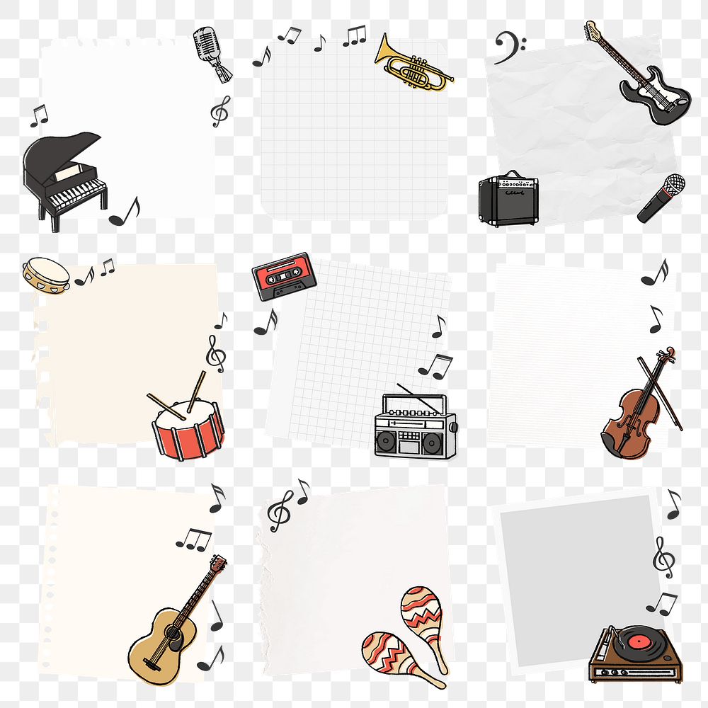Music doodle png frame clipart, retro design set on transparent background