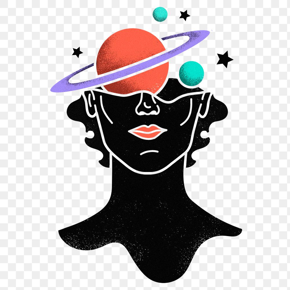 Surreal head png sticker, colorful Saturn, transparent background