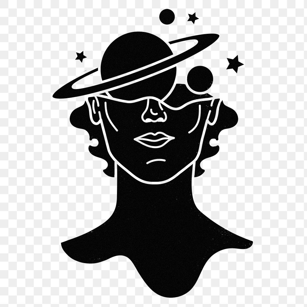 Surreal head png sticker, black Saturn, transparent background
