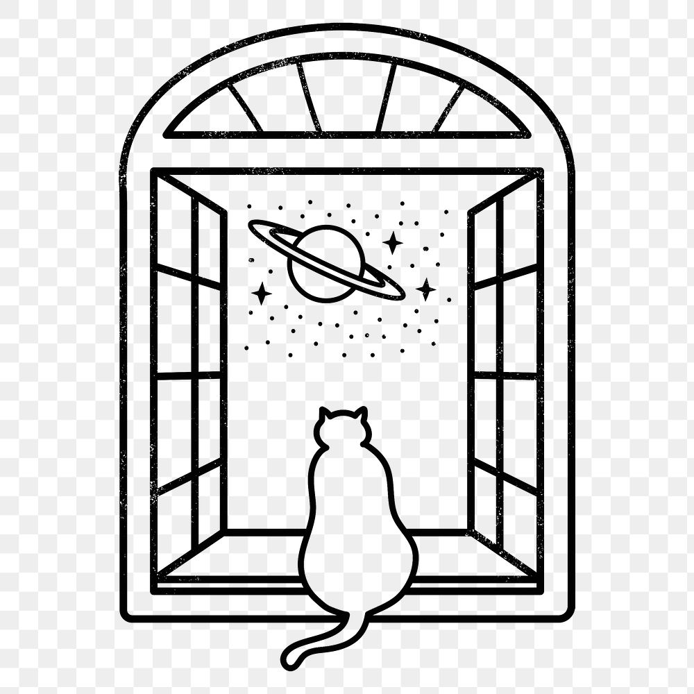 Cat doodle png sticker, galaxy window, transparent background