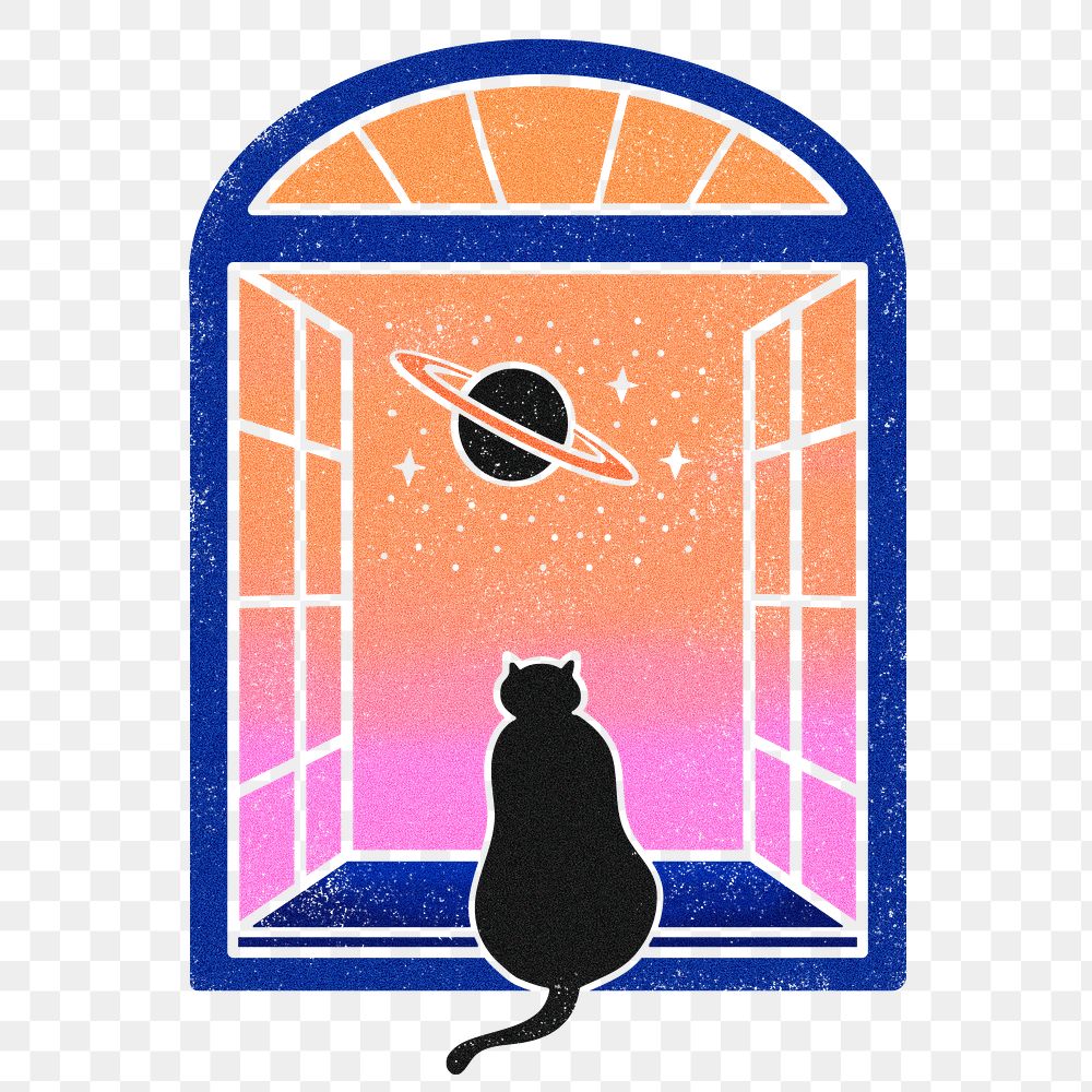 Black cat png sticker, galaxy window, transparent background