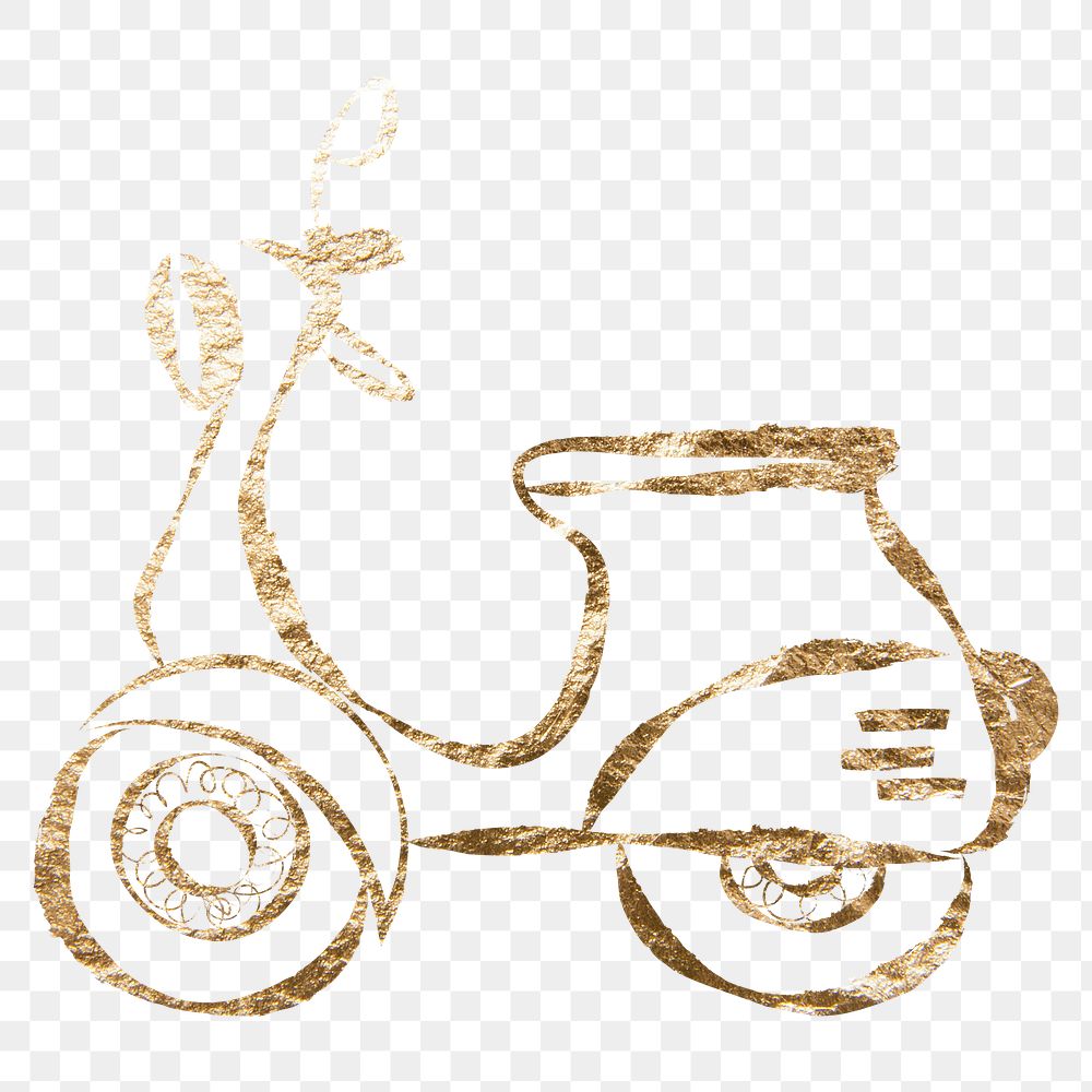 Motorcycle scooter png sticker, gold aesthetic illustration on transparent background
