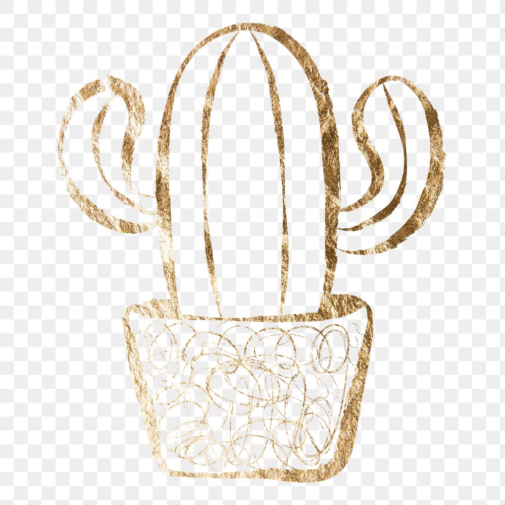 Cactus png sticker, gold aesthetic illustration on transparent background