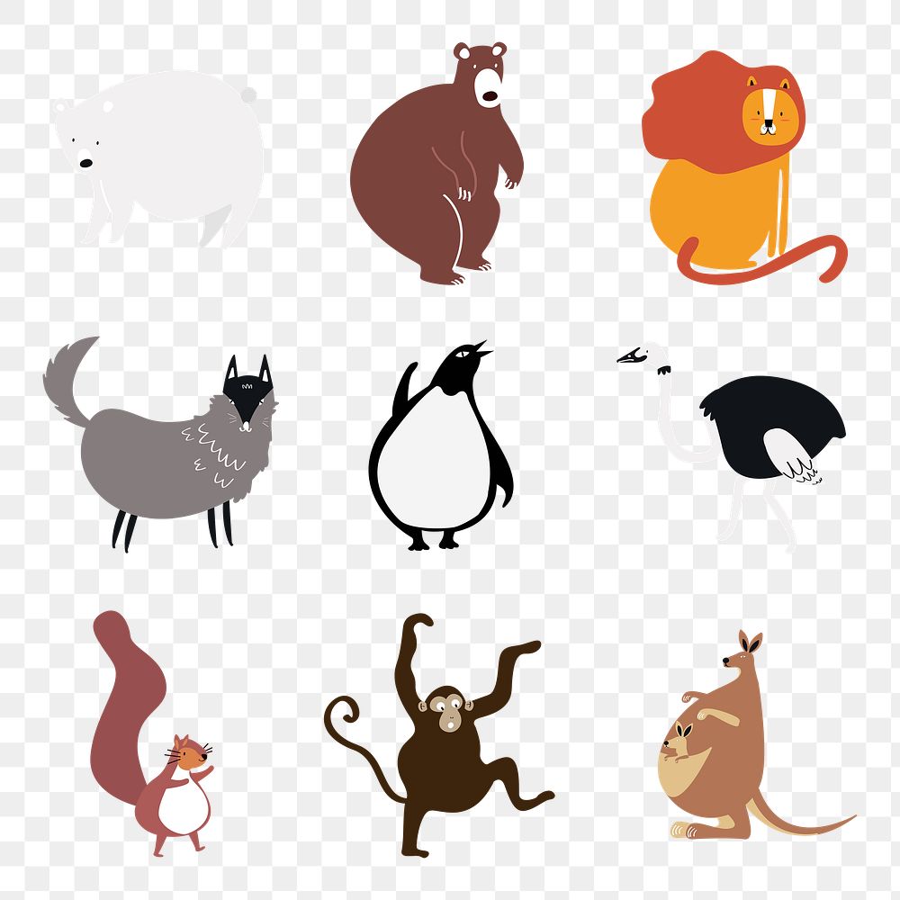 Wild animals png colorful cute stickers doodle cartoon collection