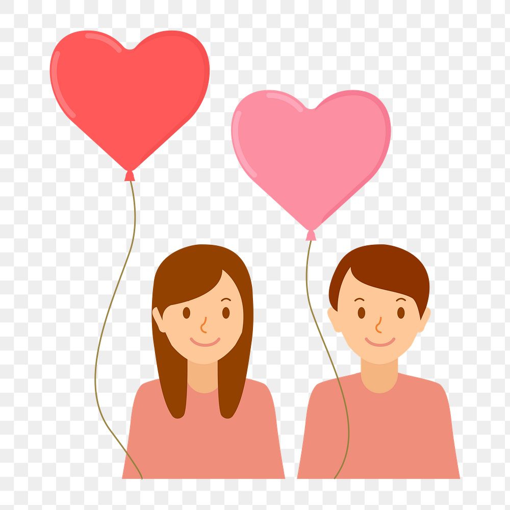Valentine&rsquo;s celebration cute couple png holding heart balloons illustration