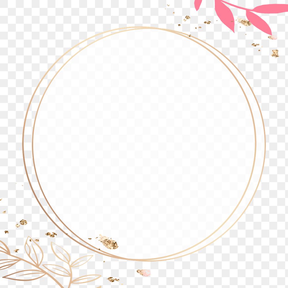 PNG frame round gold circle with pink leaves
