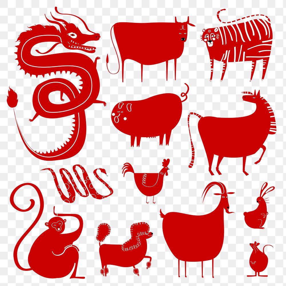 Cute Chinese zodiac animals png journal sticker set