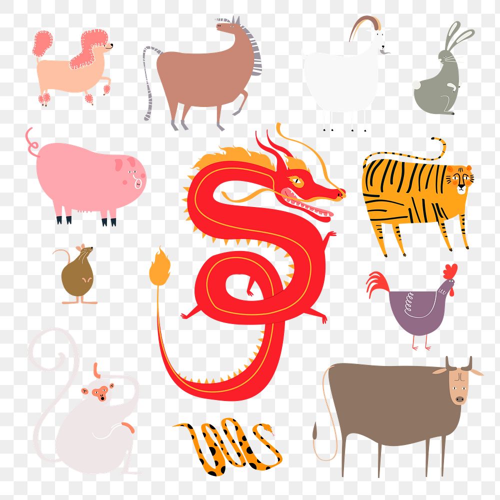 Colorful Chinese zodiac animals png journal sticker set
