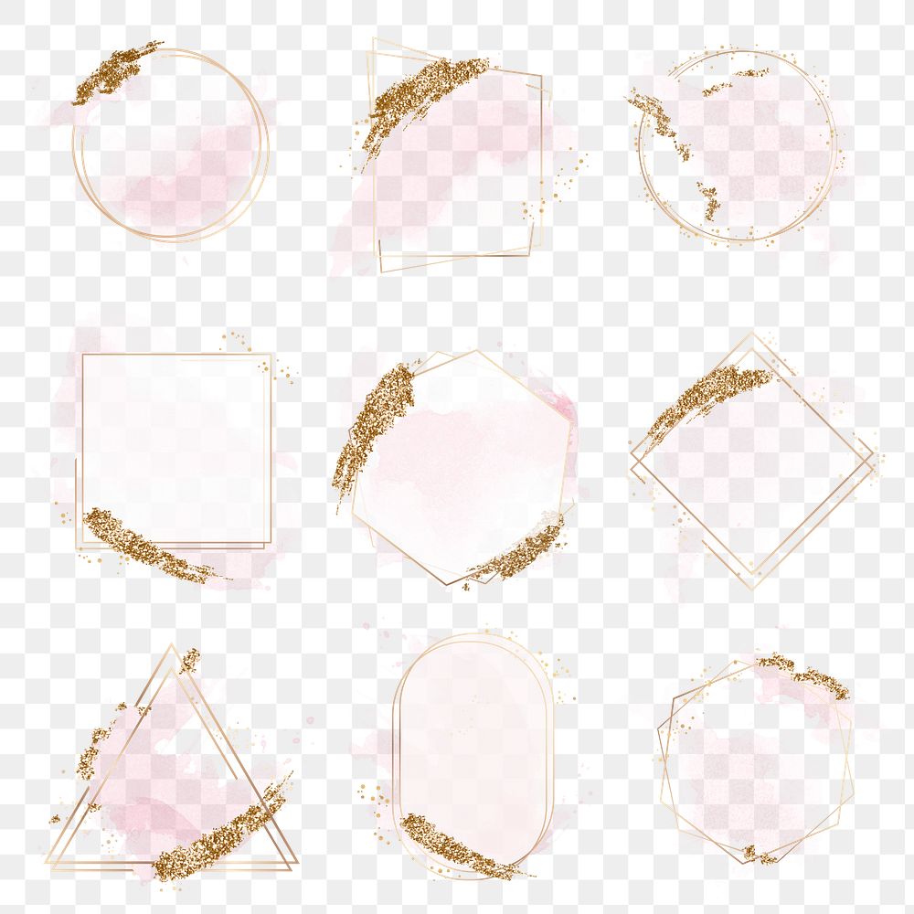 Pink watercolor png frame clipart, aesthetic pastel glittery design set