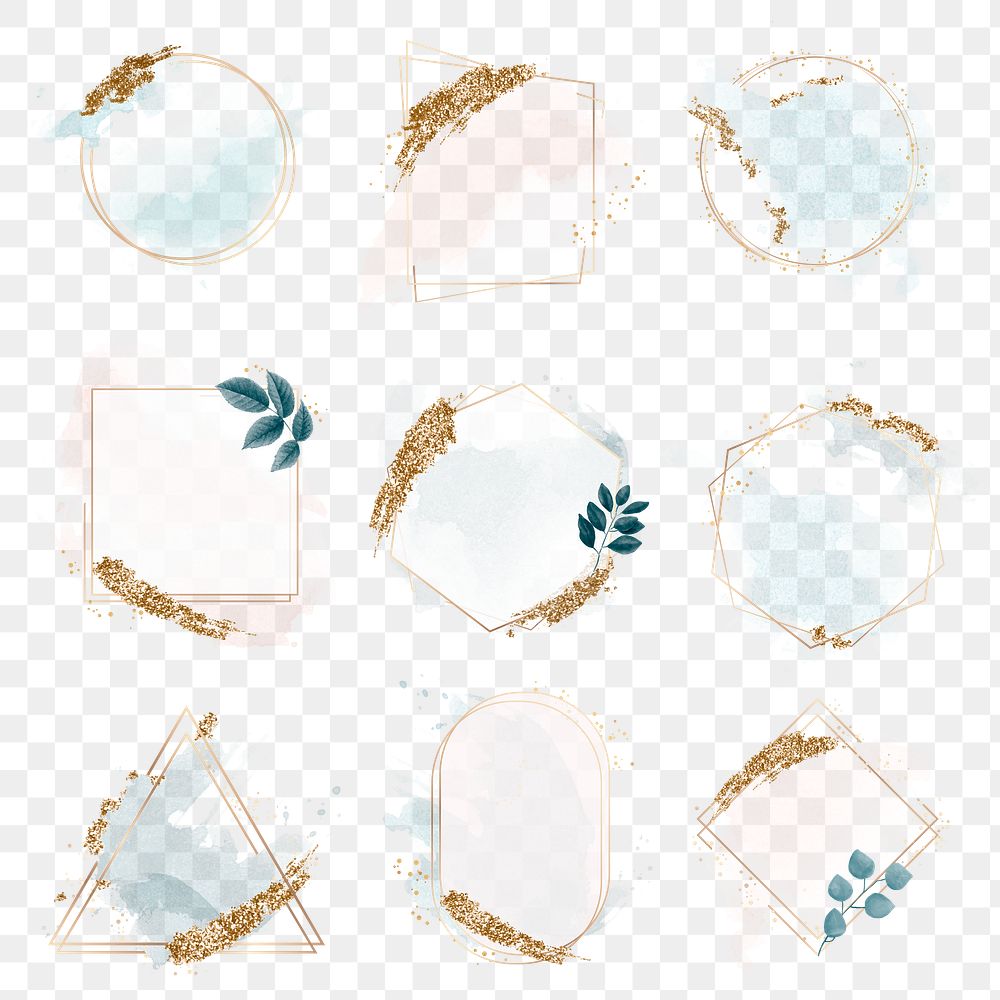 Blue watercolor png frame clipart, aesthetic pastel glittery design set