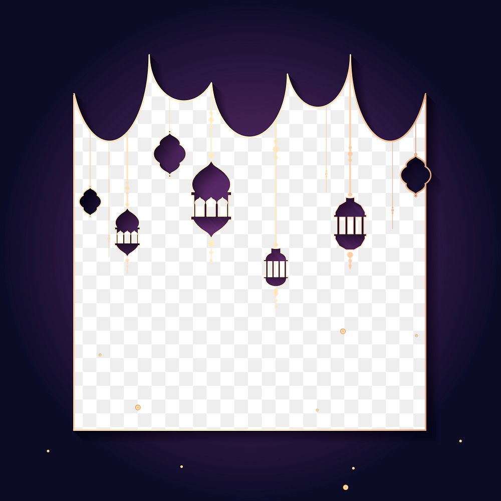 Png purple Islamic square frame with beautiful Ramadan lantern lights