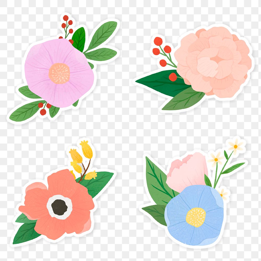 Colorful floral sticker collection transparent png