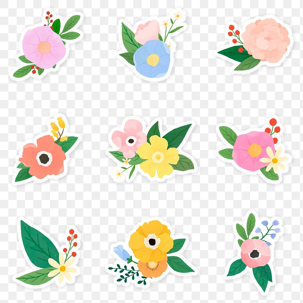 Colorful floral sticker set transparent png