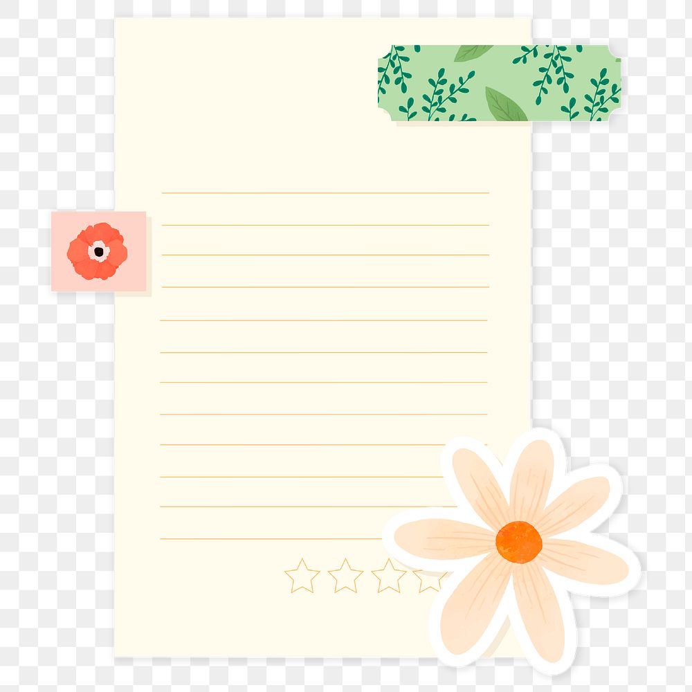 Lined paper with floral tapes transparent png