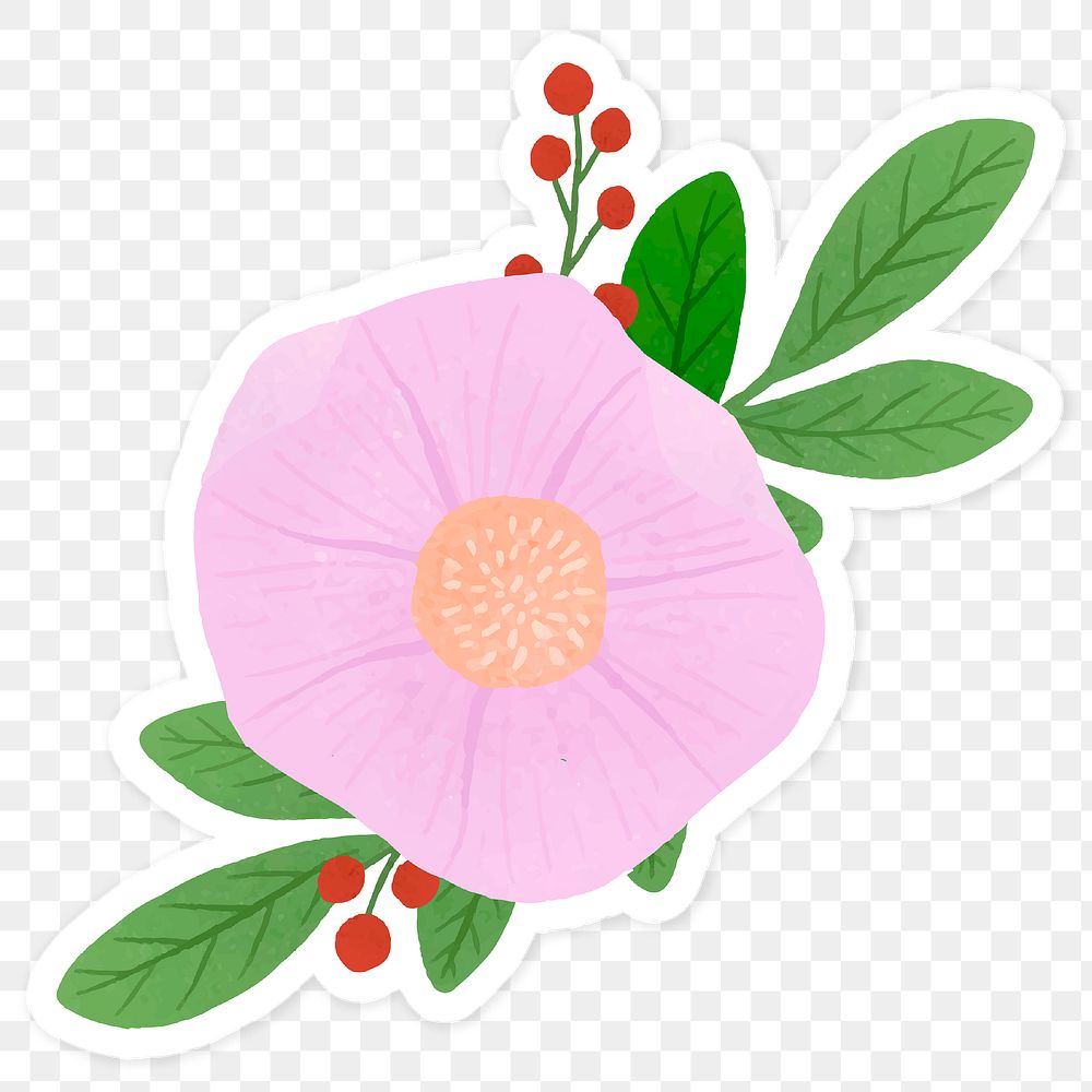 pink-flower-with-leaves-sticker-premium-png-sticker-rawpixel