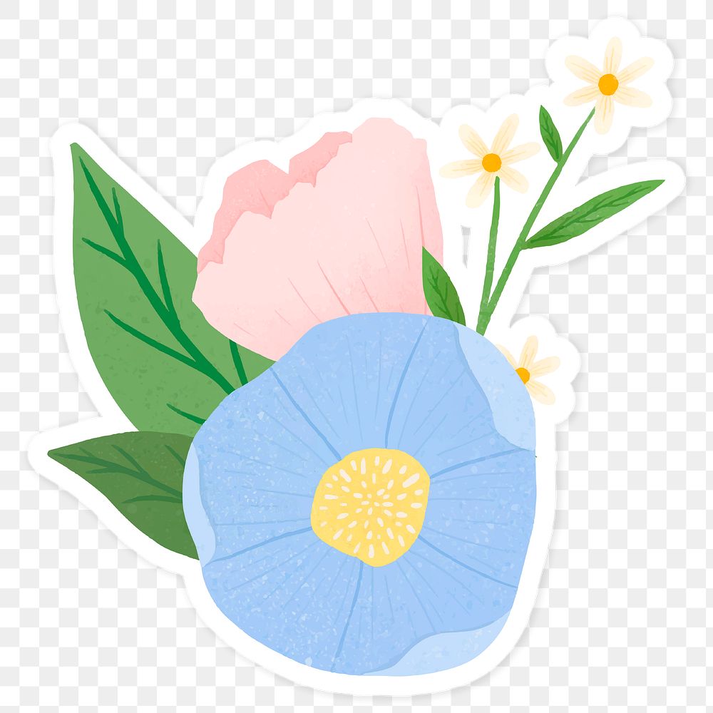 Pale pink and blue flowers with leaves transparent png