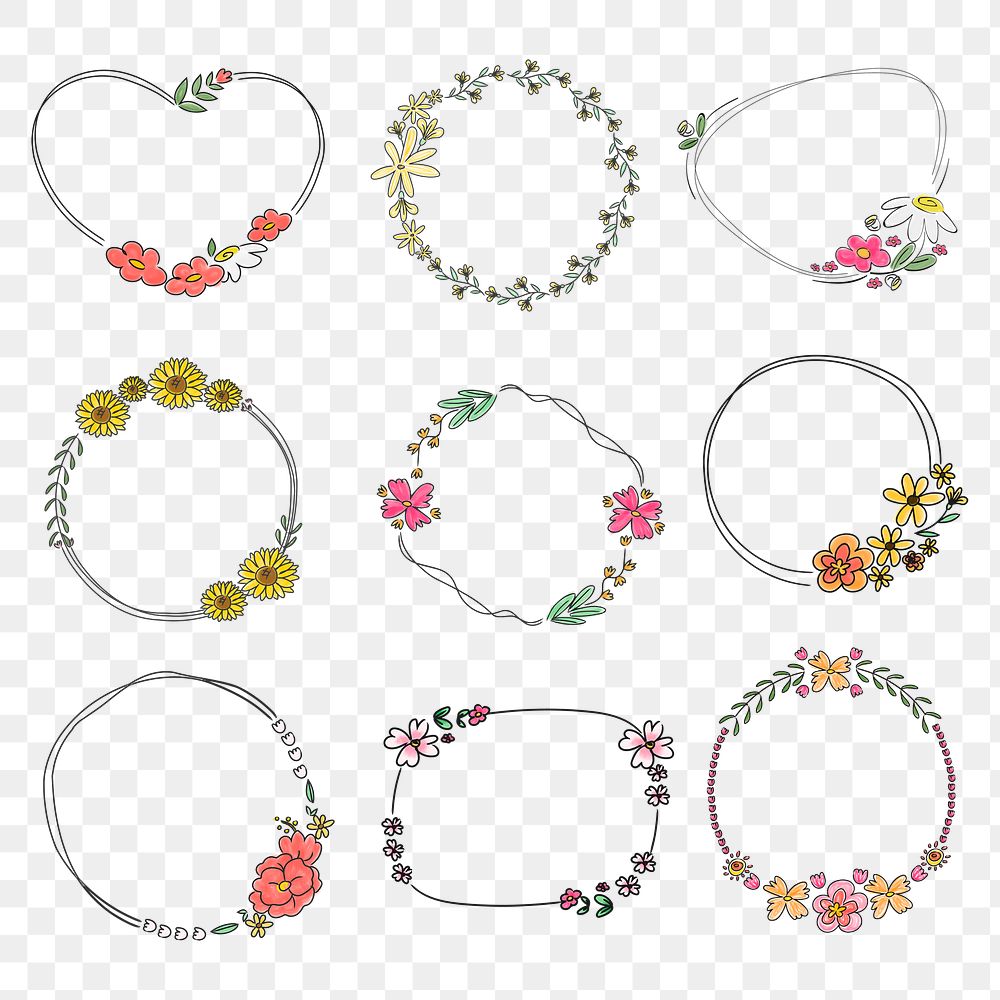 Cute doodle floral wreath transparent png set