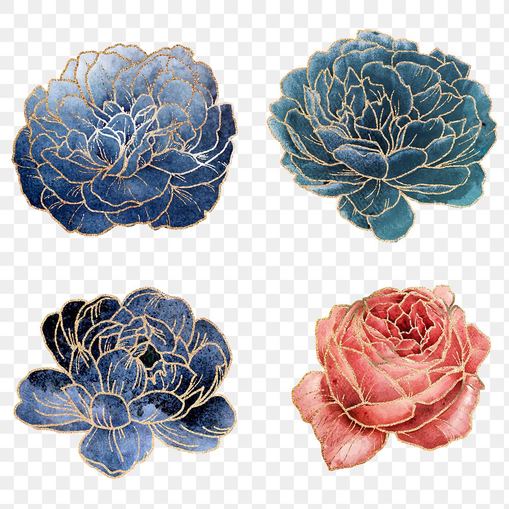 Cabbage rose and peony sticker set with gold elements 