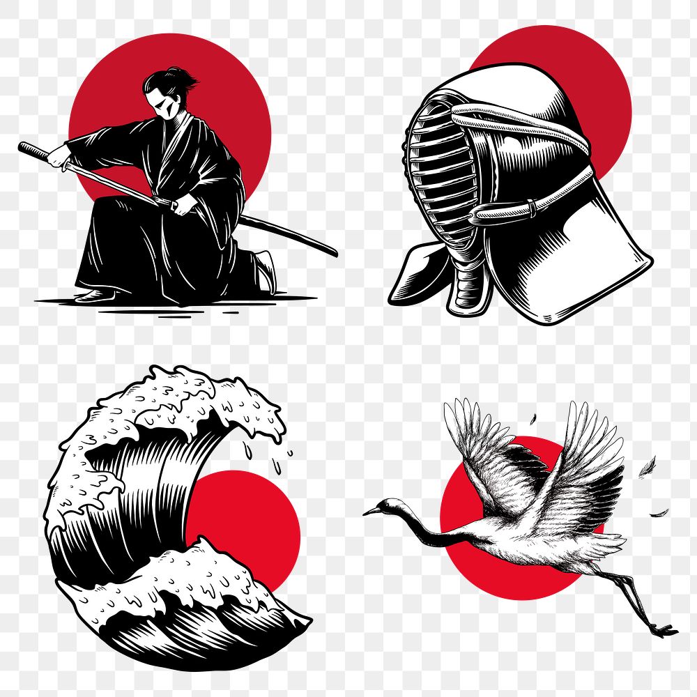 Traditional Japanese sticker design elements set