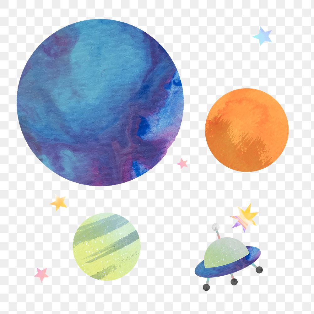 Watercolor planets and UFO element transparent png