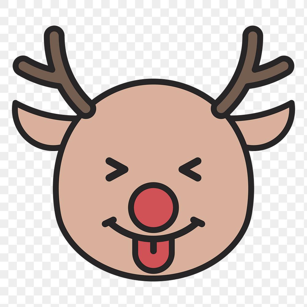 Rudolph reindeer face with tongue emoticon on transparent background vector