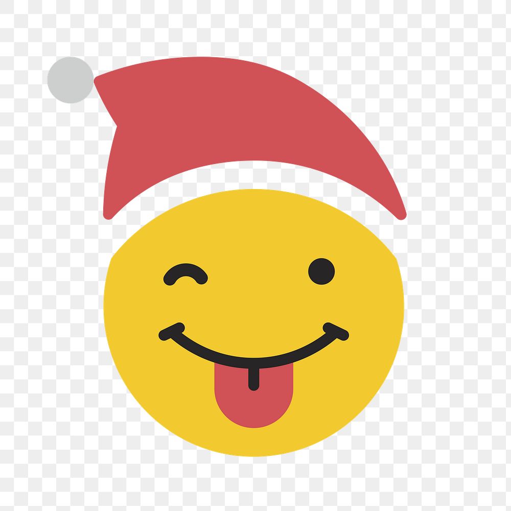 Round yellow Santa face with tongue emoticon on transparent background vector