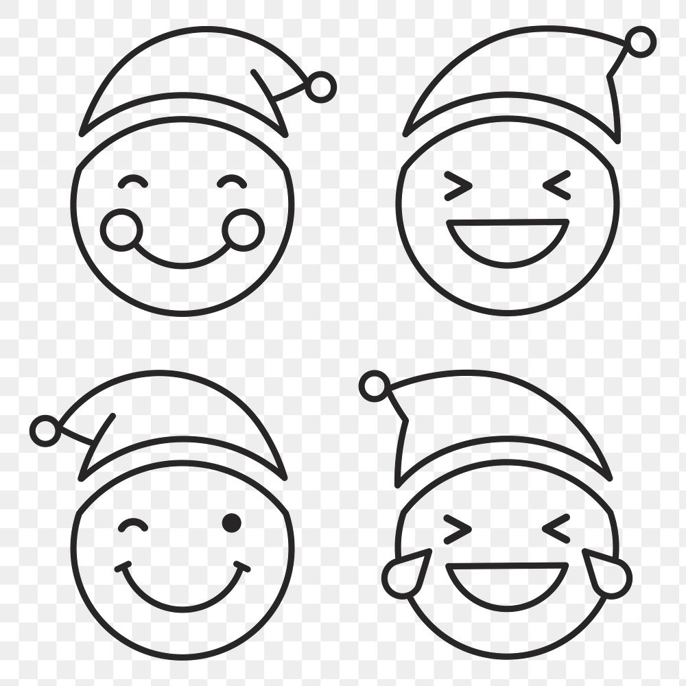 Black outline Santa emoticon set isolated on transparent vector