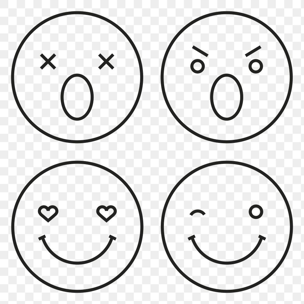 Black outline emoticon set isolated on transparent vector