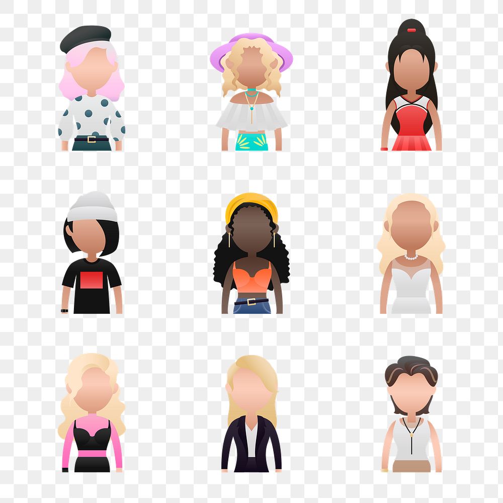 Set of diverse women avatar character transparent png