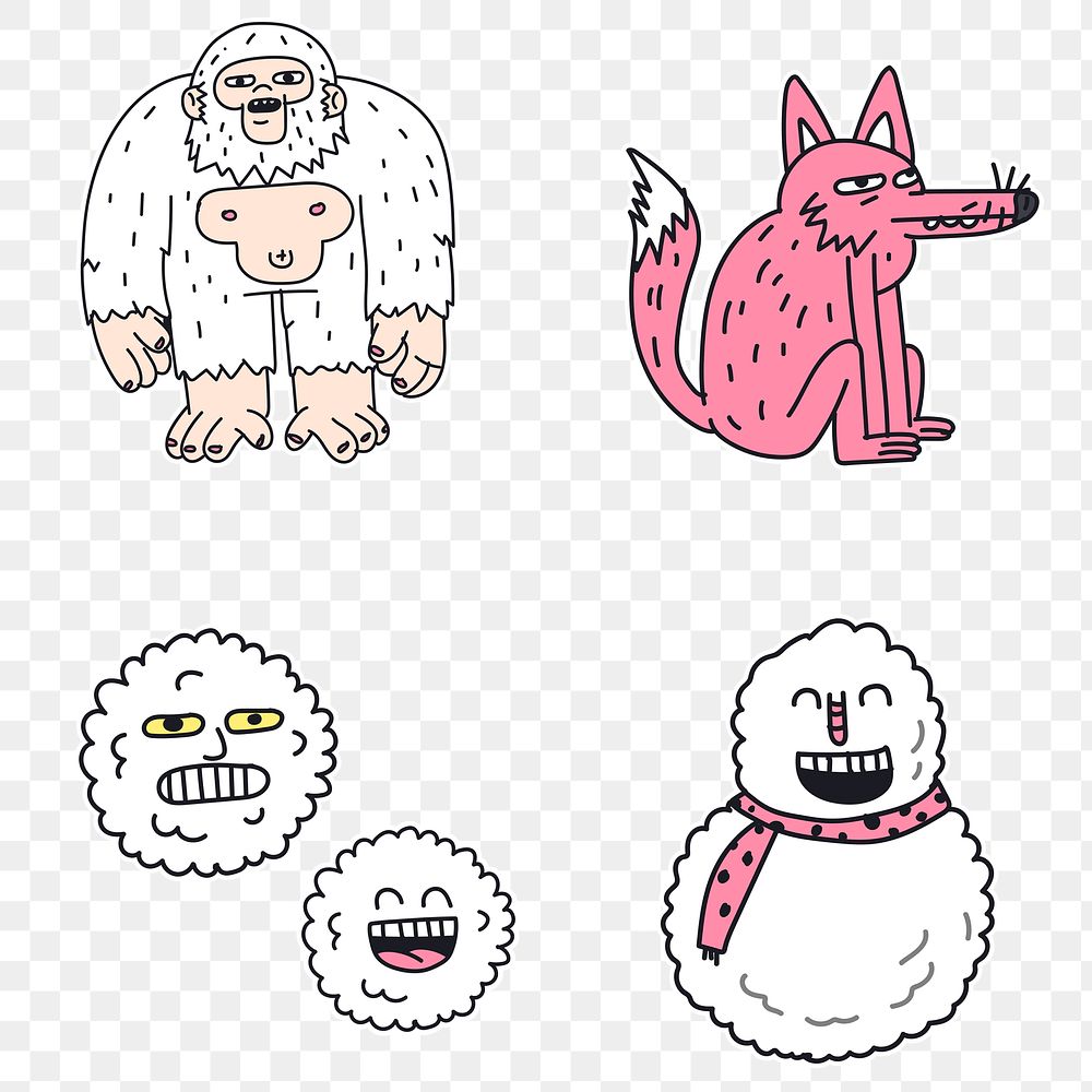 Hand drawn winter character stickers collection transparent png