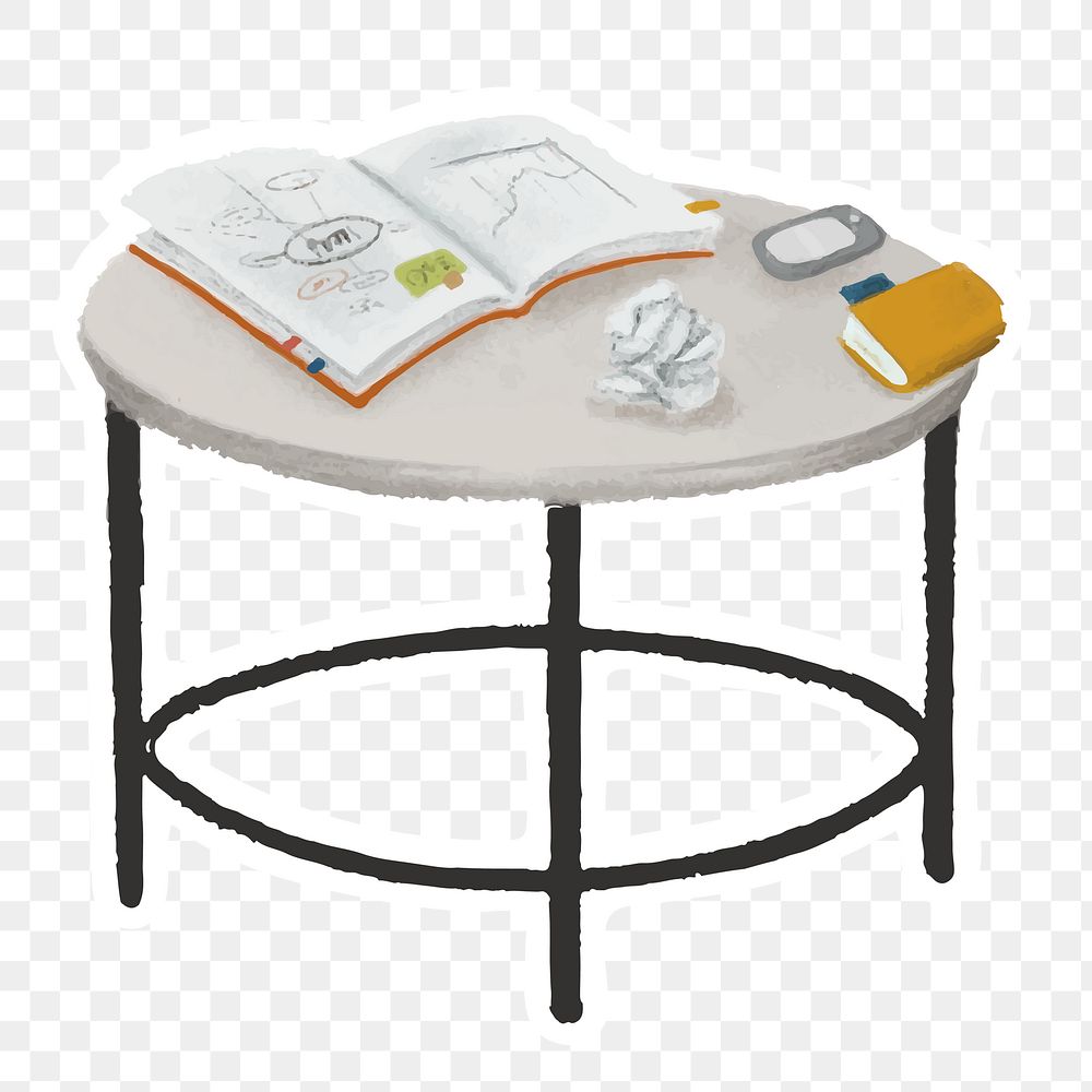 Round table with opened notebook and scramble paper sticker