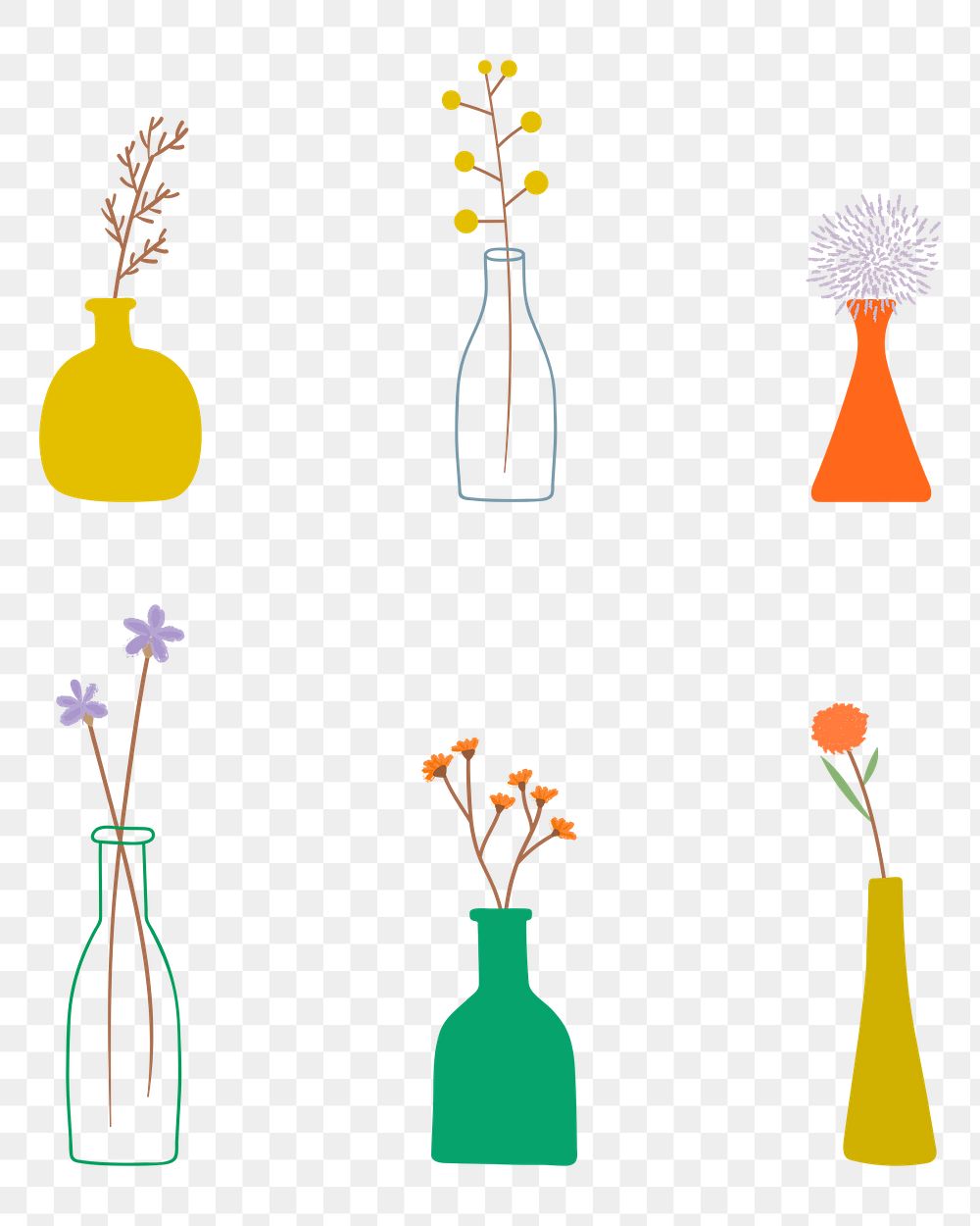 Colorful doodle flowers in vases pattern on transparent
