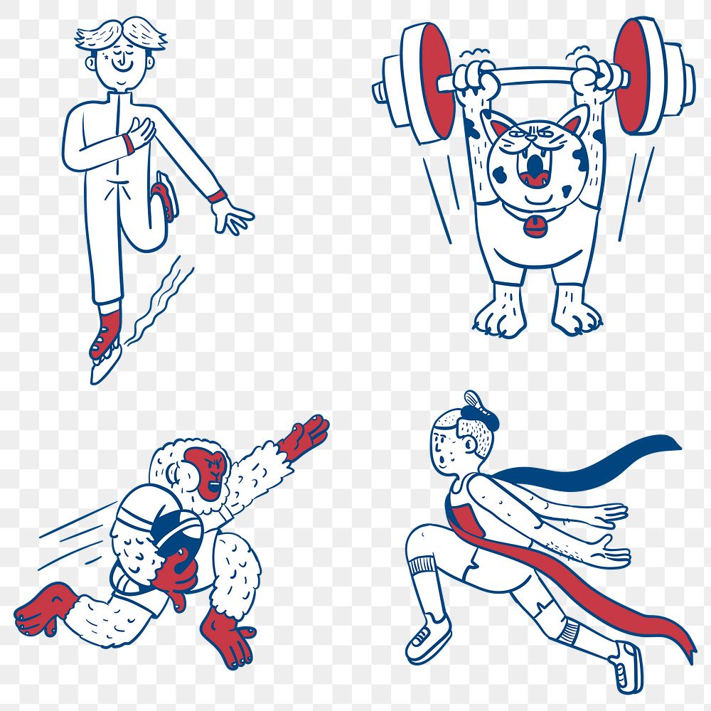 Athletes doodle character collection transparent png