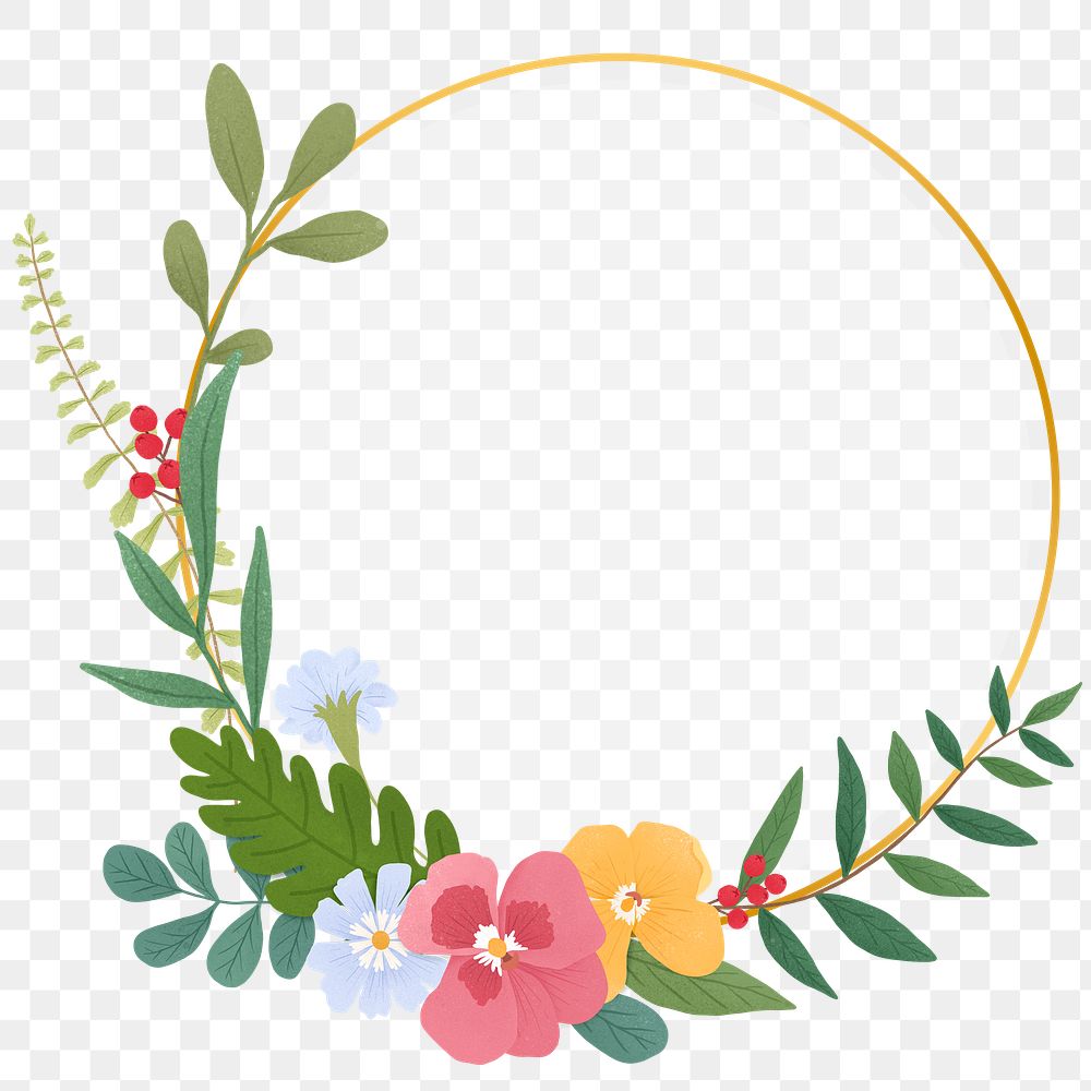 Round gold frame decorated with flower transparent png
