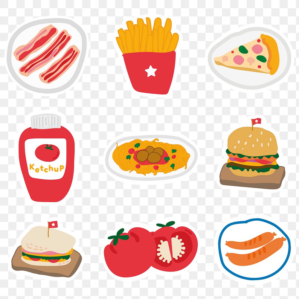 Cute food doodle sticker with a white border design element set